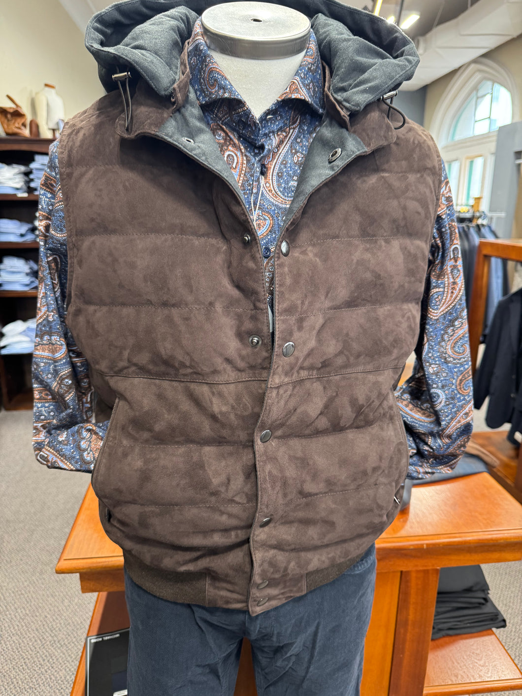 Emanuel Berg Hybrid Dark Brown Suede Hooded Vest